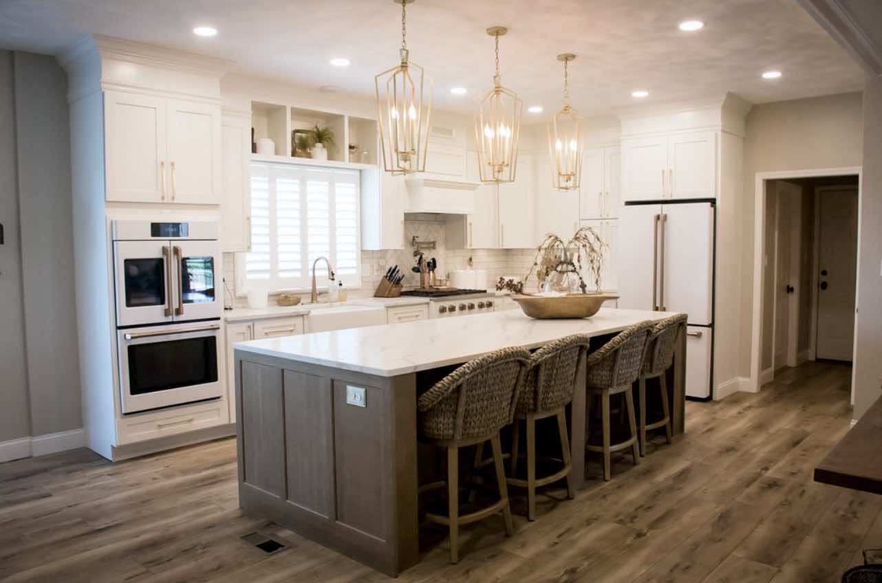 Completed Timberline kitchen with large island and pendant lighting